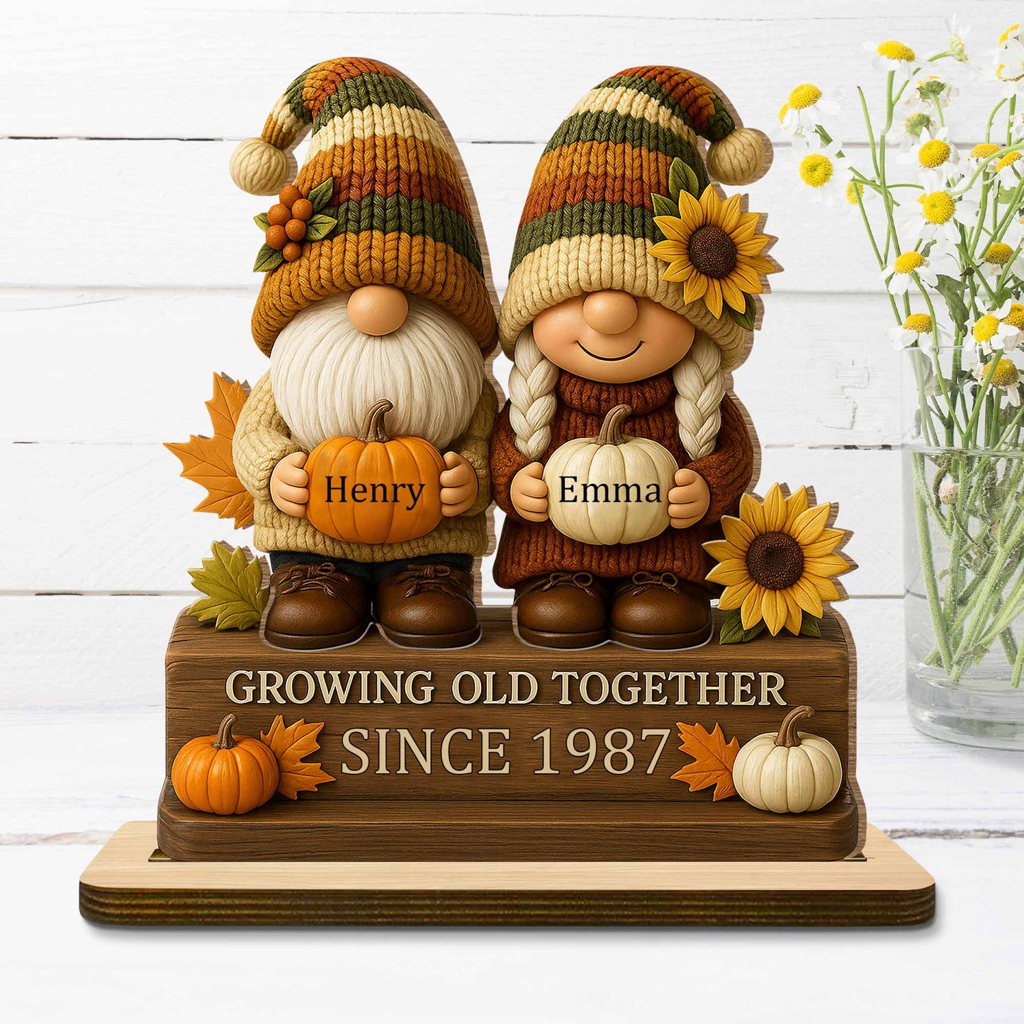 Growing Old Together, Gnome Couple With Sunflowers And Pumpkins