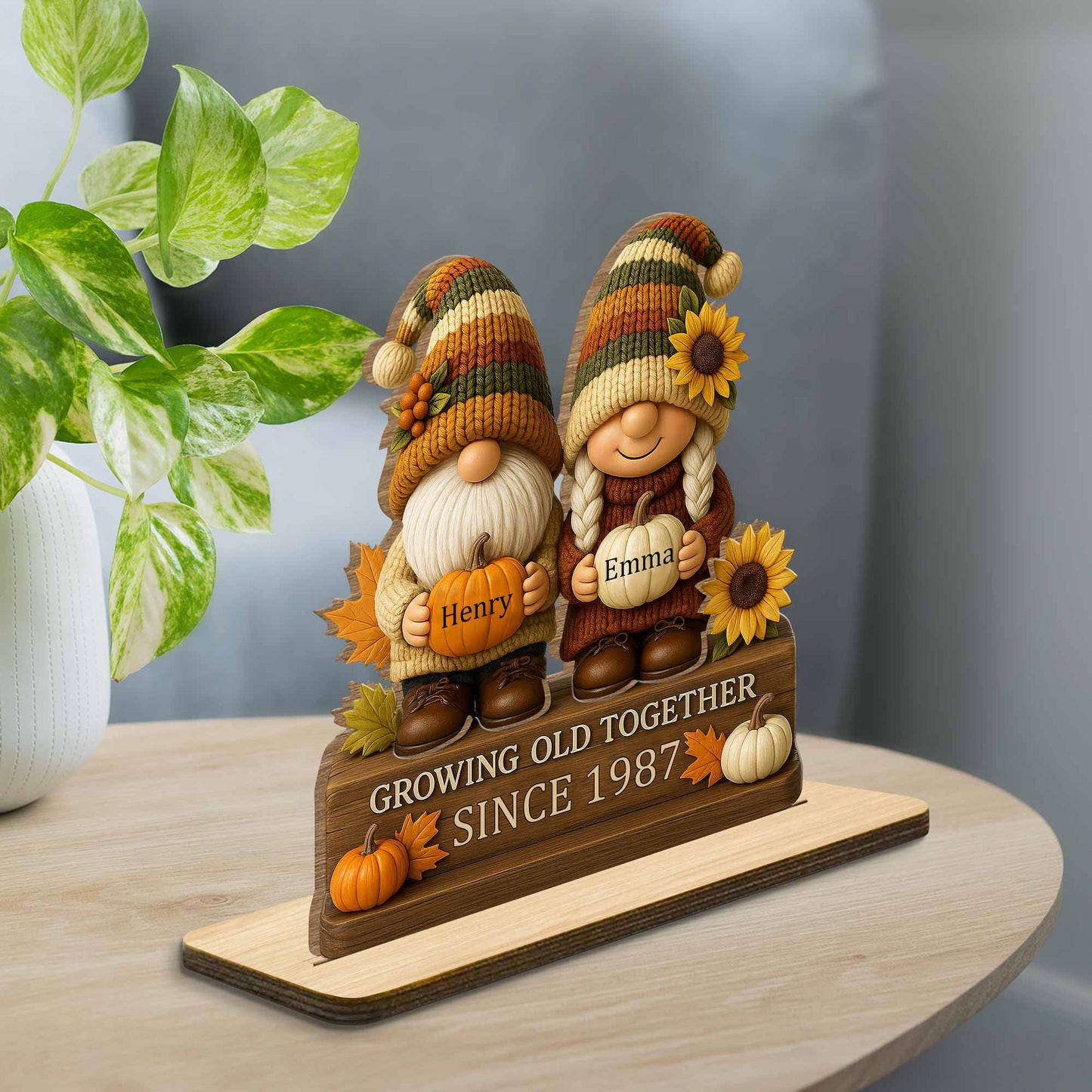 Growing Old Together, Gnome Couple With Sunflowers And Pumpkins