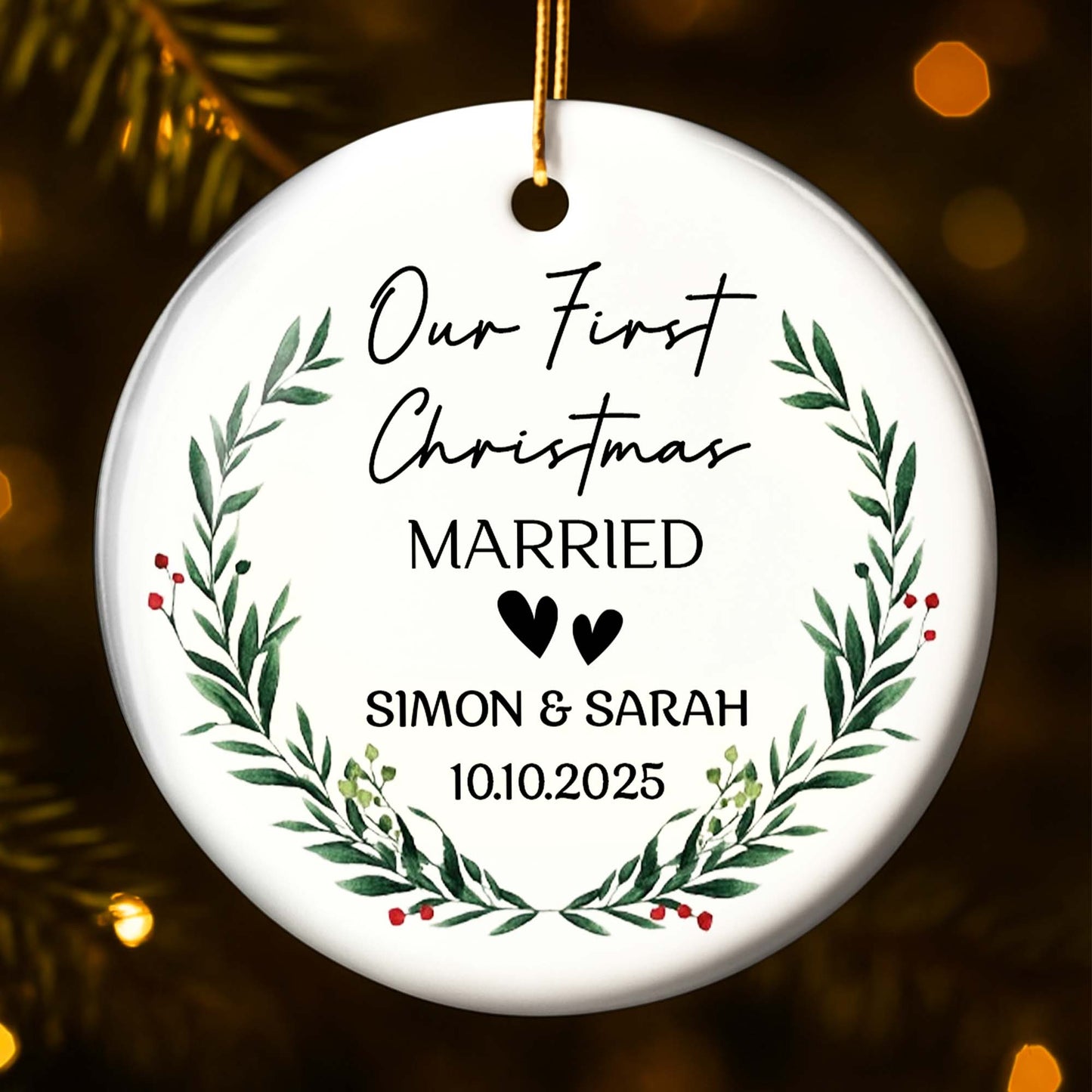 Our First Christmas Married With Wreath And Hearts