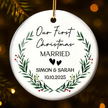 Our First Christmas Married With Wreath And Hearts