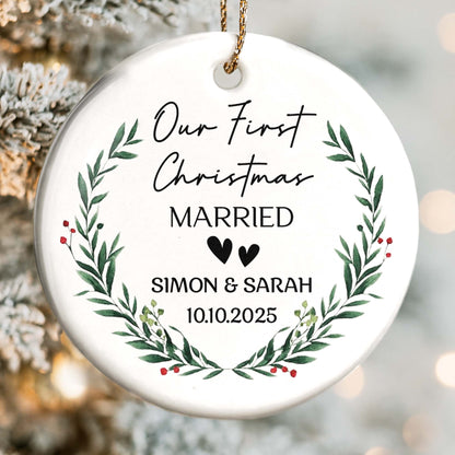 Our First Christmas Married With Wreath And Hearts