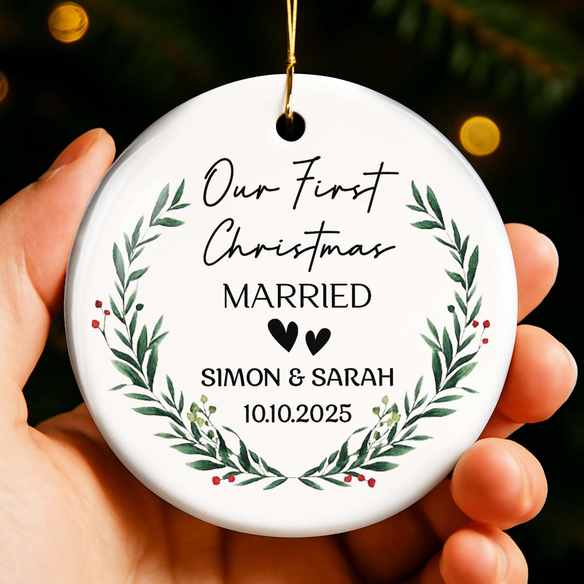 Our First Christmas Married With Wreath And Hearts