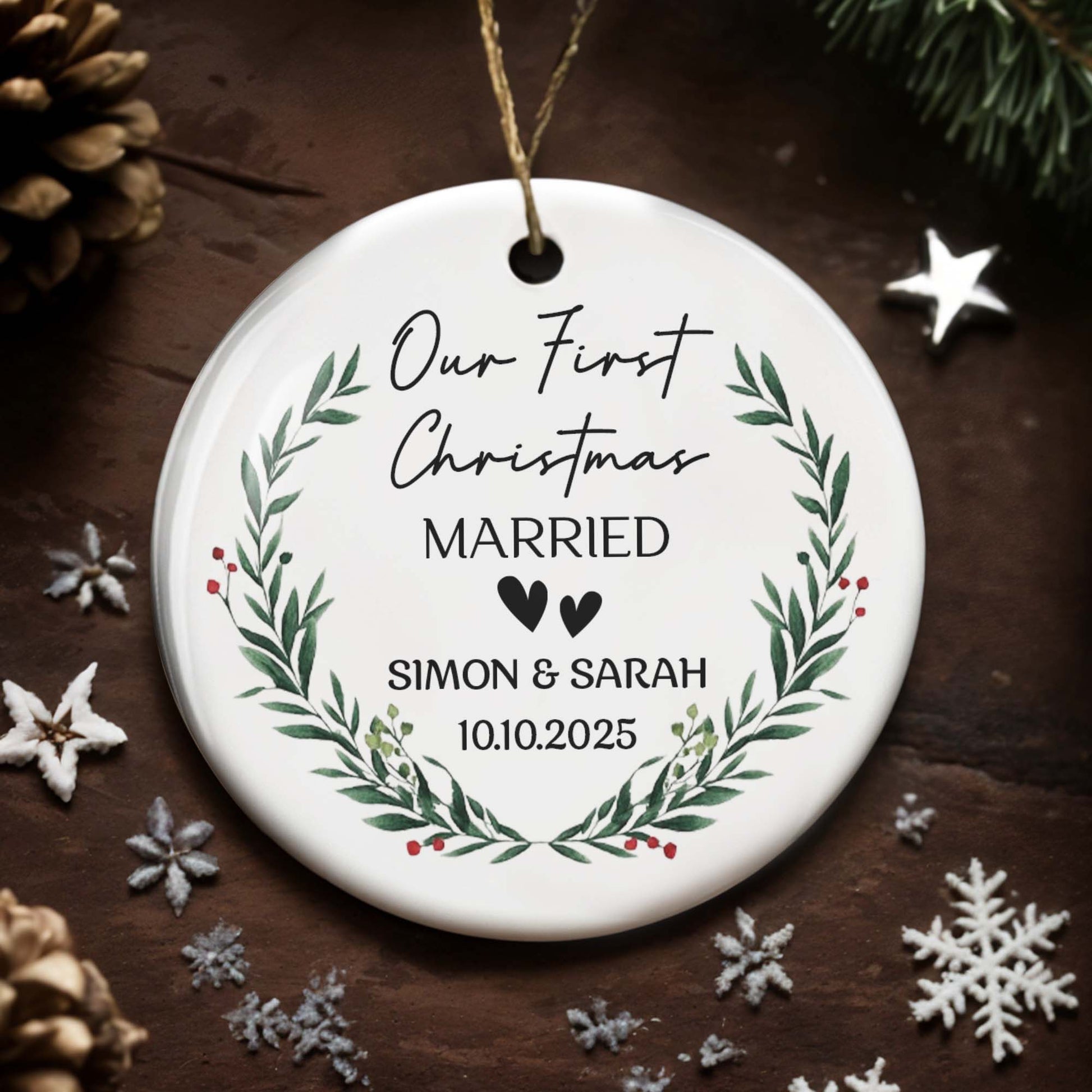 Our First Christmas Married With Wreath And Hearts