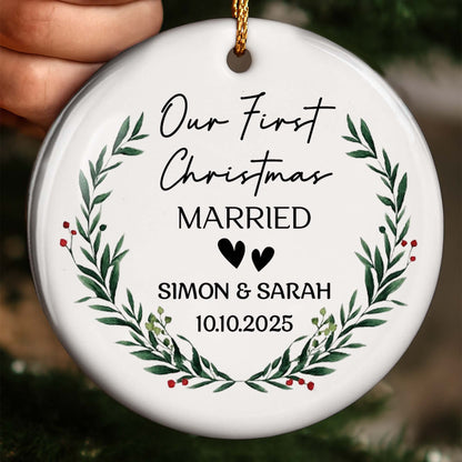 Our First Christmas Married With Wreath And Hearts