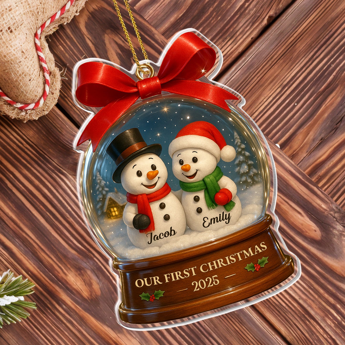Nuestra primera Navidad con alegres muñecos de nieve en una bola de nieve - Adorno acrílico personalizado, regalo de Navidad - CPL552_ACO