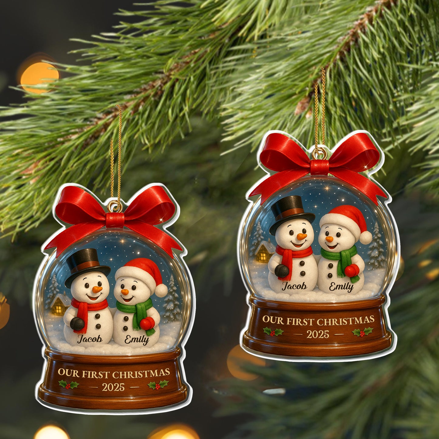 Nuestra primera Navidad con alegres muñecos de nieve en una bola de nieve - Adorno acrílico personalizado, regalo de Navidad - CPL552_ACO