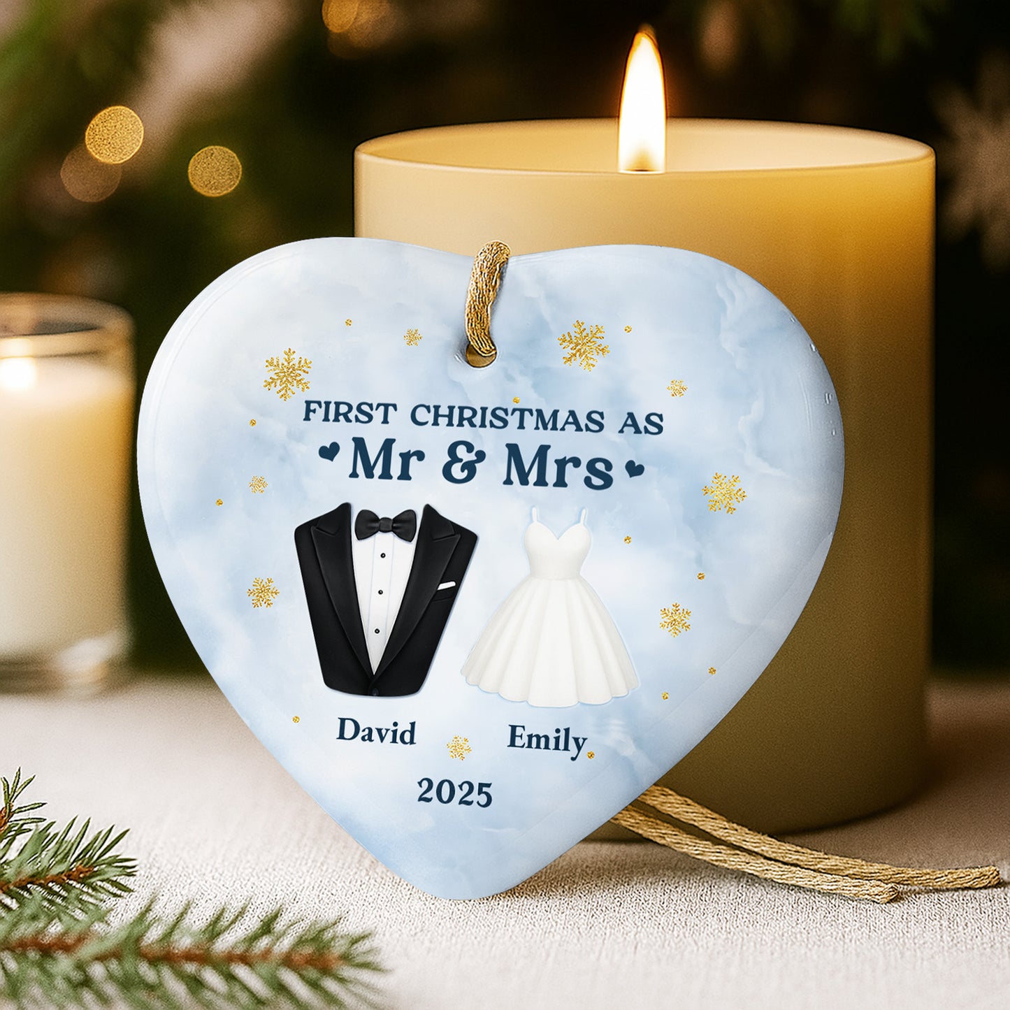 First Christmas As Mr & Mrs With Tuxedo And Wedding Dress