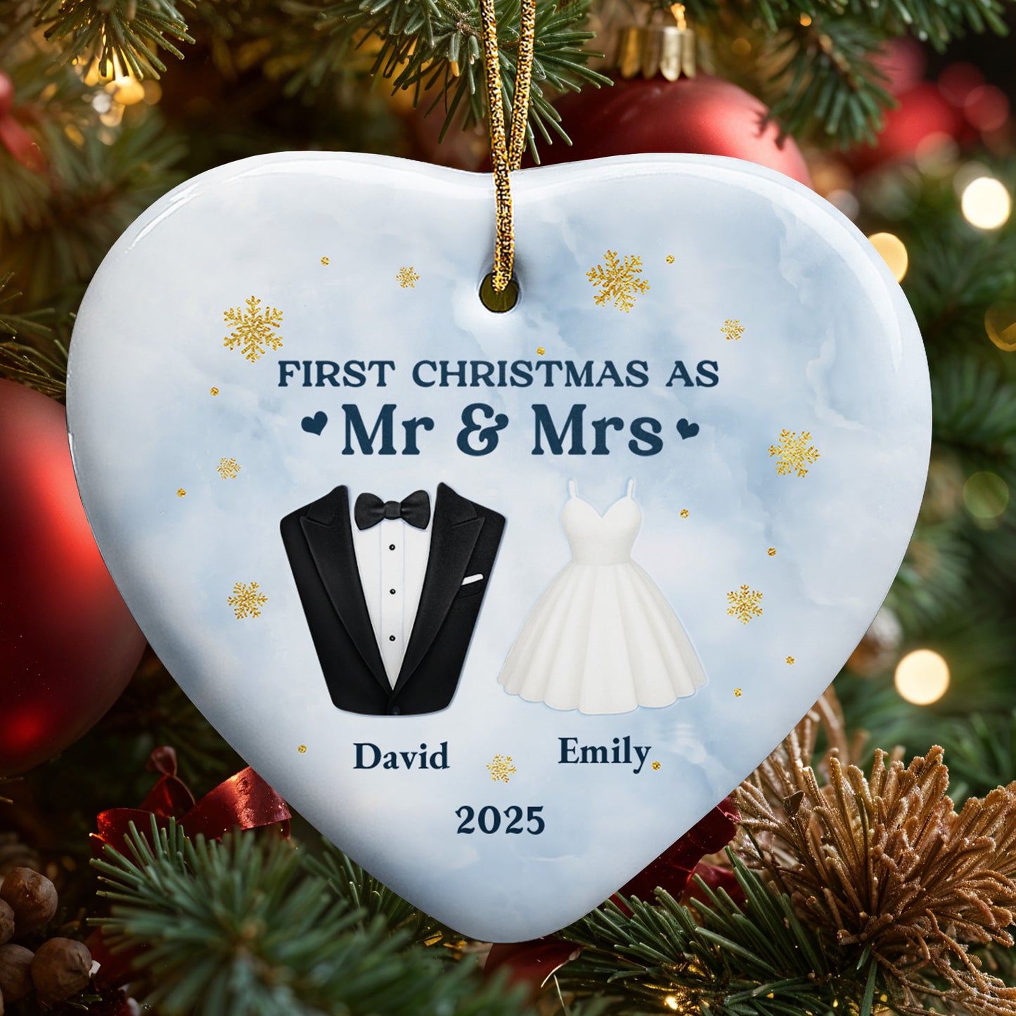 First Christmas As Mr & Mrs With Tuxedo And Wedding Dress