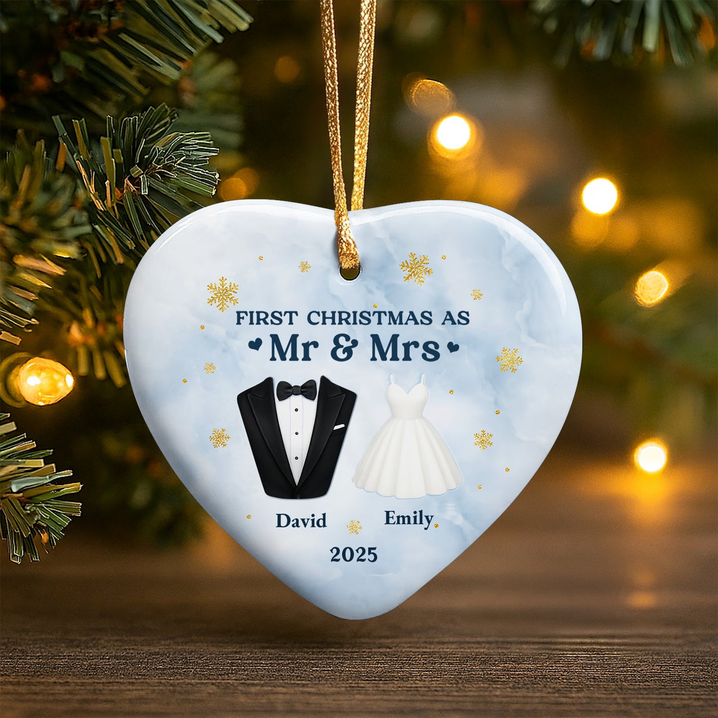 First Christmas As Mr & Mrs With Tuxedo And Wedding Dress