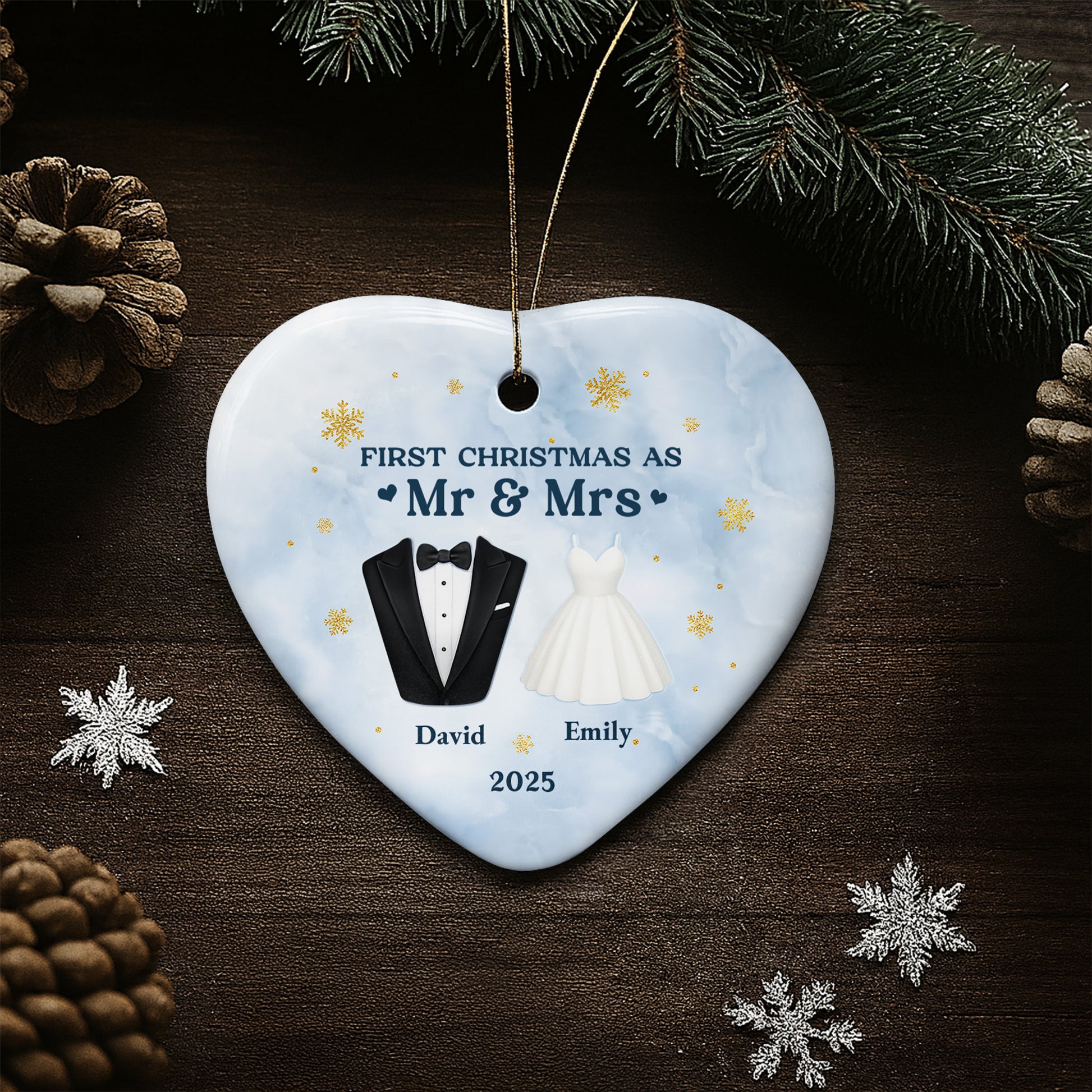 First Christmas As Mr & Mrs With Tuxedo And Wedding Dress