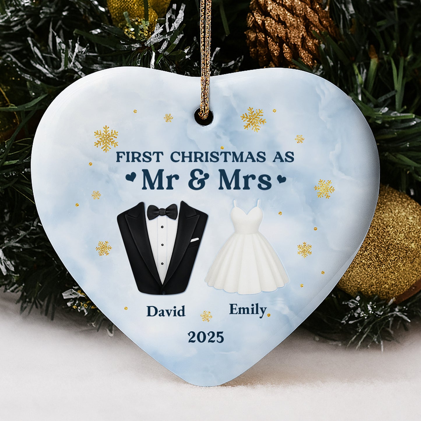 First Christmas As Mr & Mrs With Tuxedo And Wedding Dress