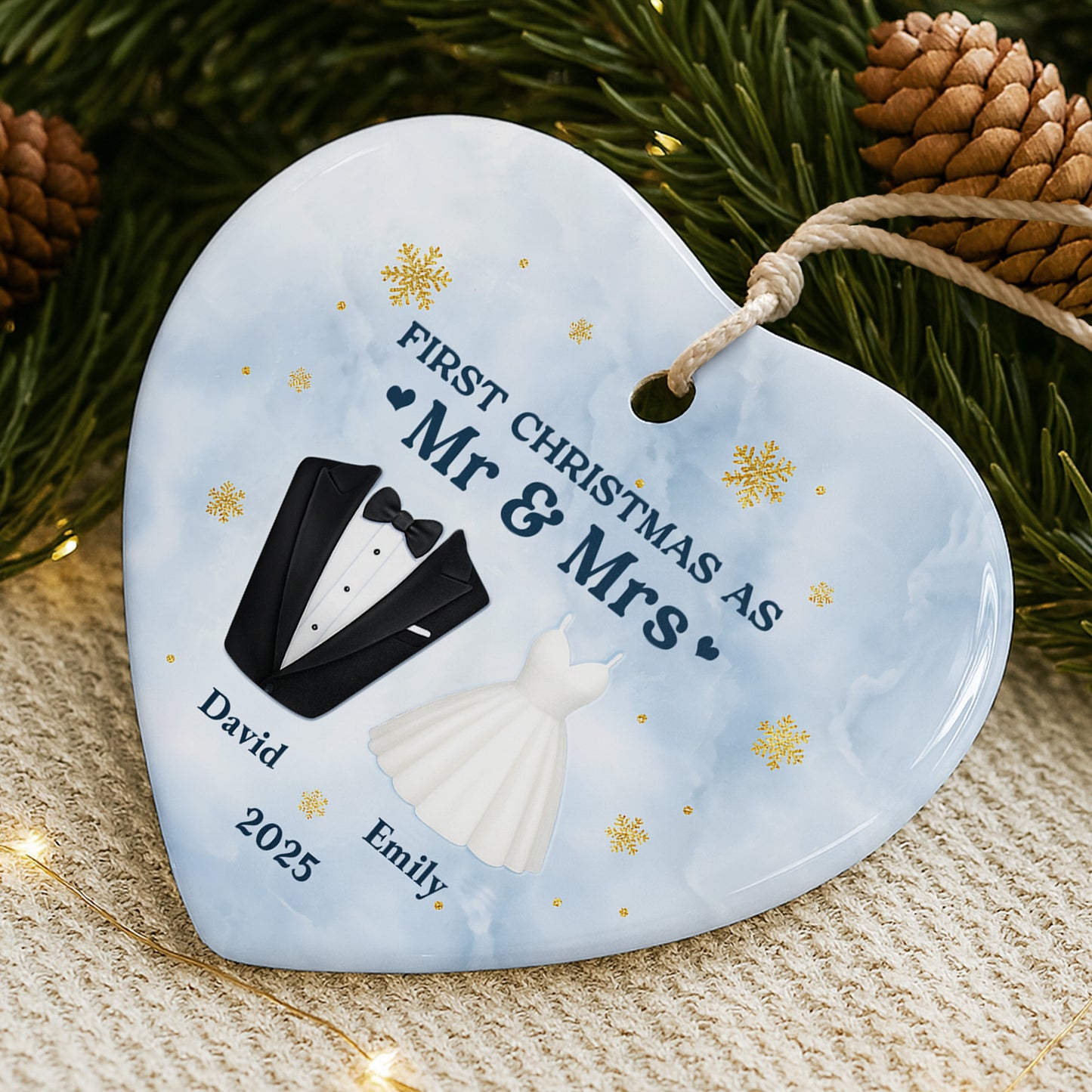 First Christmas As Mr & Mrs With Tuxedo And Wedding Dress