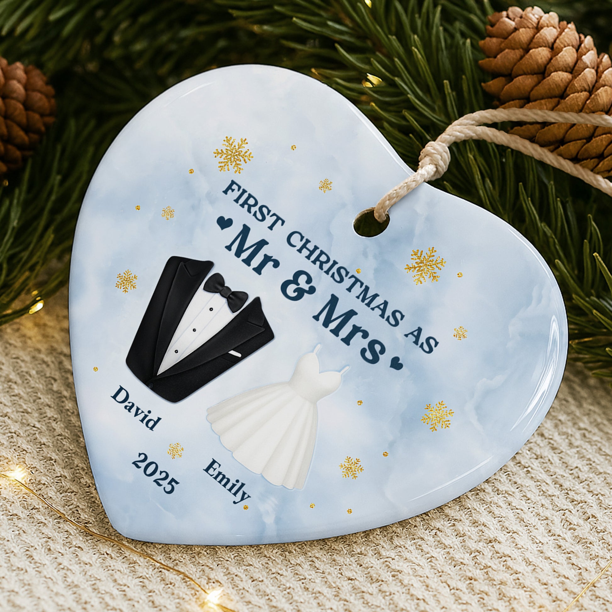 First Christmas As Mr & Mrs With Tuxedo And Wedding Dress