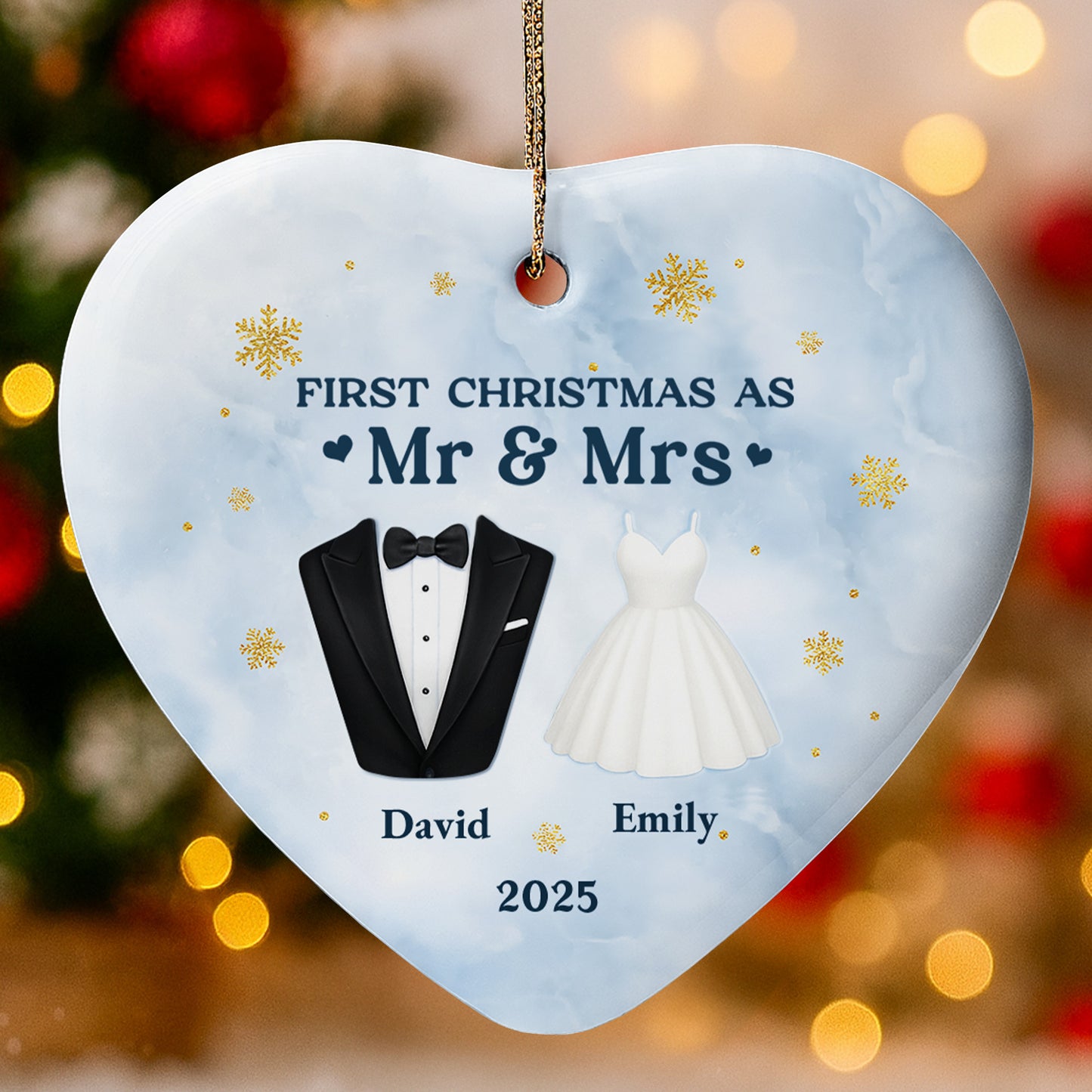 First Christmas As Mr & Mrs With Tuxedo And Wedding Dress