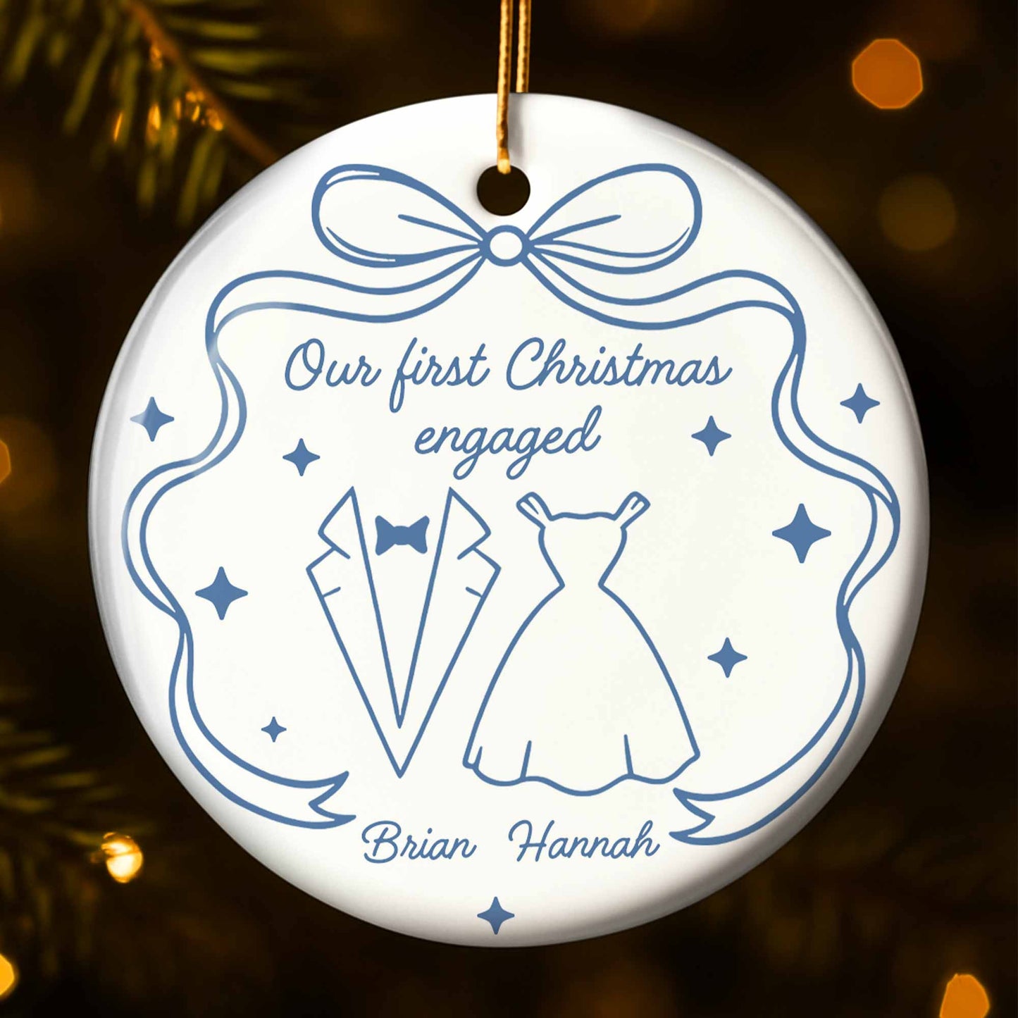 Our First Christmas As Engaged With Wedding Dress And Suit - Personalized Custom Ceramic Ornament With Round Shape - CPL555_RCE