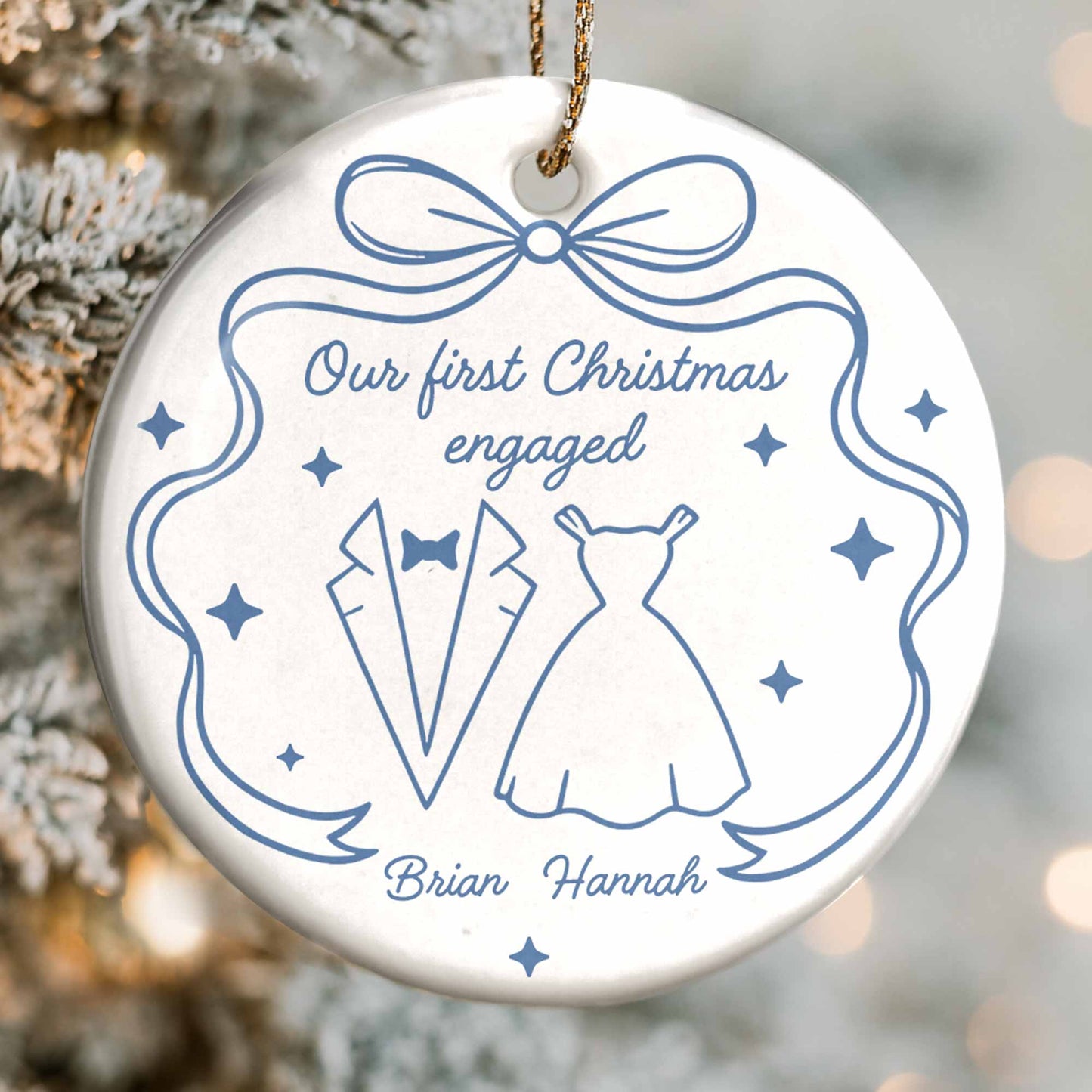 Our First Christmas As Engaged With Wedding Dress And Suit - Personalized Custom Ceramic Ornament With Round Shape - CPL555_RCE