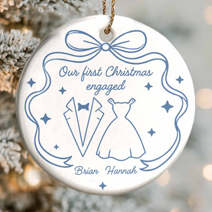 Our First Christmas As Engaged With Wedding Dress And Suit - Personalized Custom Ceramic Ornament With Round Shape - CPL555_RCE
