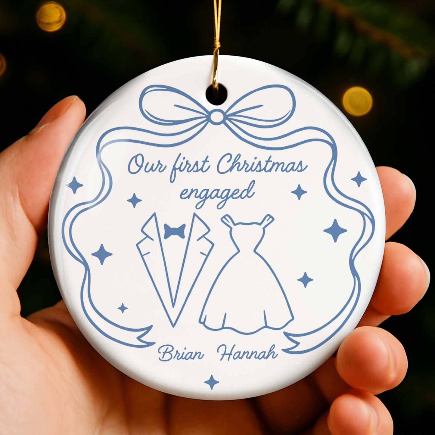 Our First Christmas As Engaged With Wedding Dress And Suit - Personalized Custom Ceramic Ornament With Round Shape - CPL555_RCE