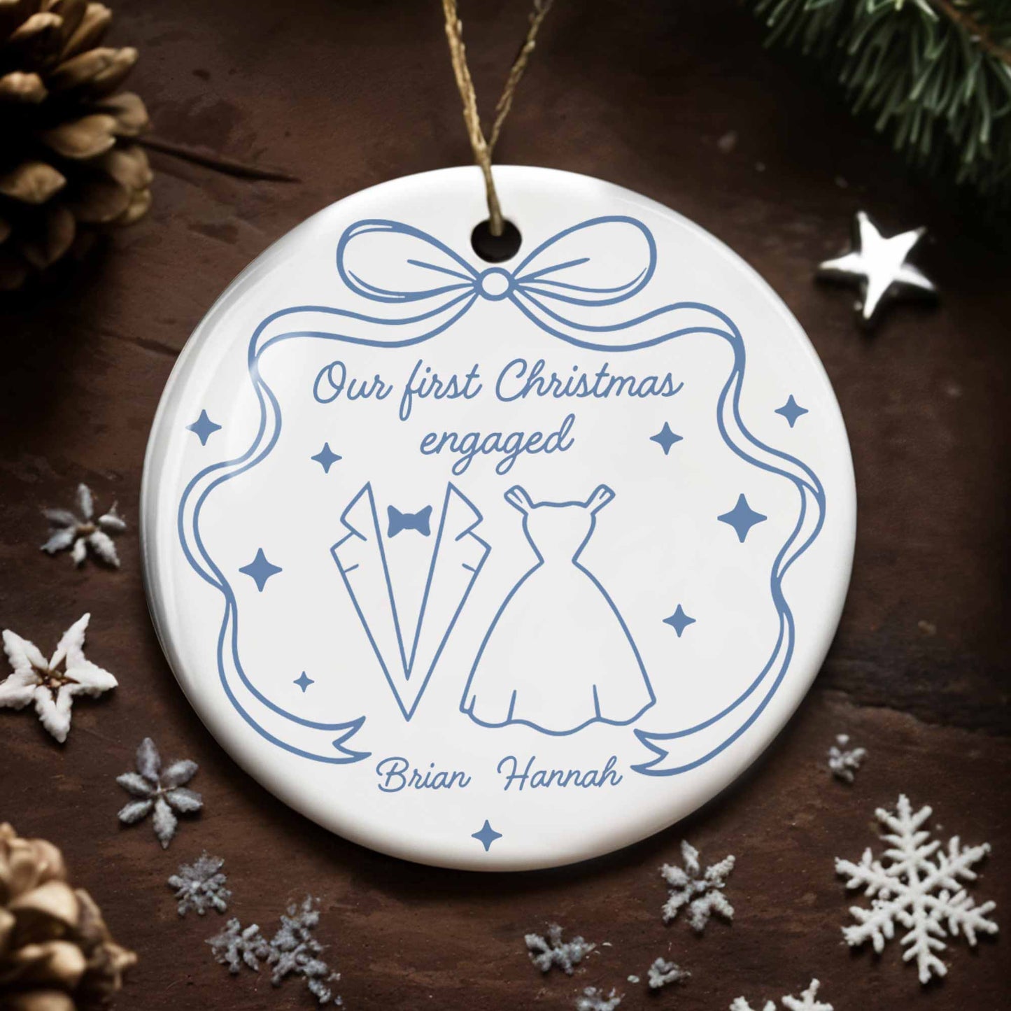 Our First Christmas As Engaged With Wedding Dress And Suit - Personalized Custom Ceramic Ornament With Round Shape - CPL555_RCE