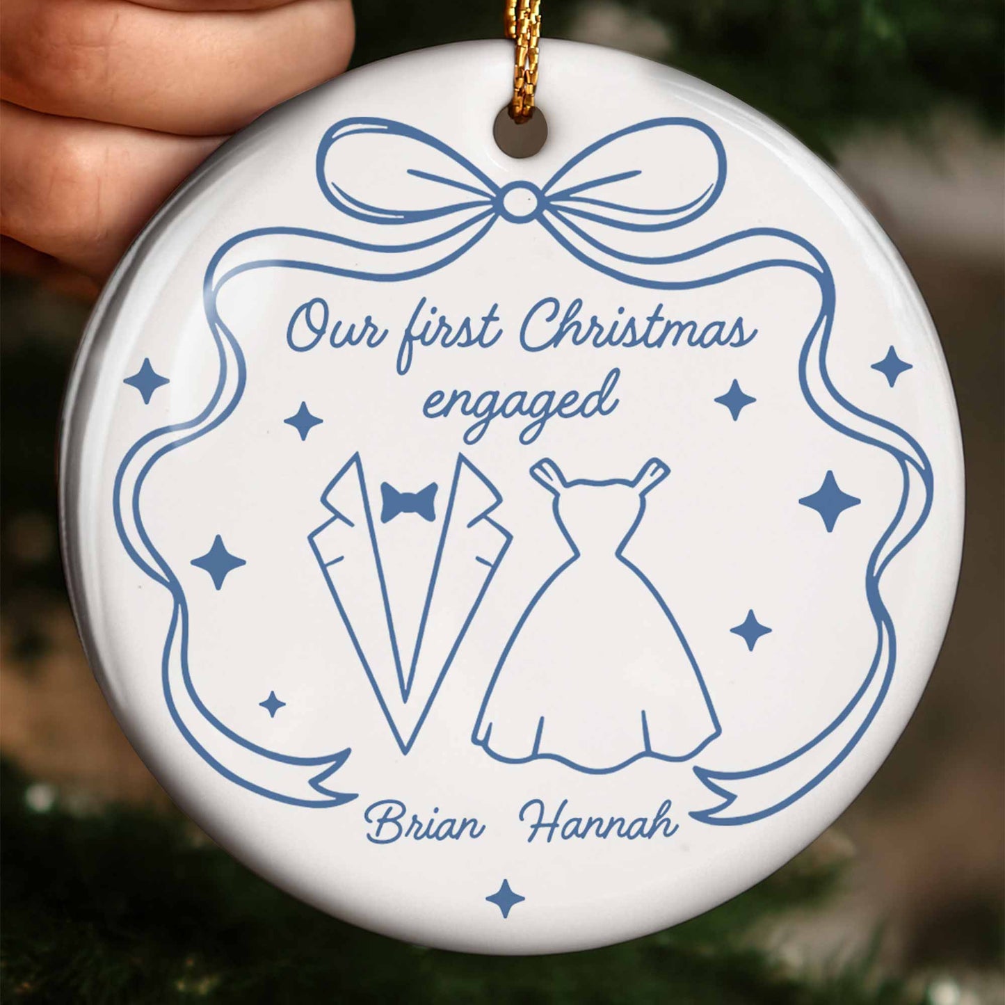 Our First Christmas As Engaged With Wedding Dress And Suit - Personalized Custom Ceramic Ornament With Round Shape - CPL555_RCE