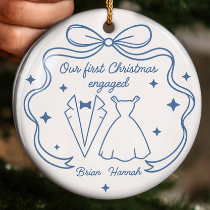 Our First Christmas As Engaged With Wedding Dress And Suit - Personalized Custom Ceramic Ornament With Round Shape - CPL555_RCE