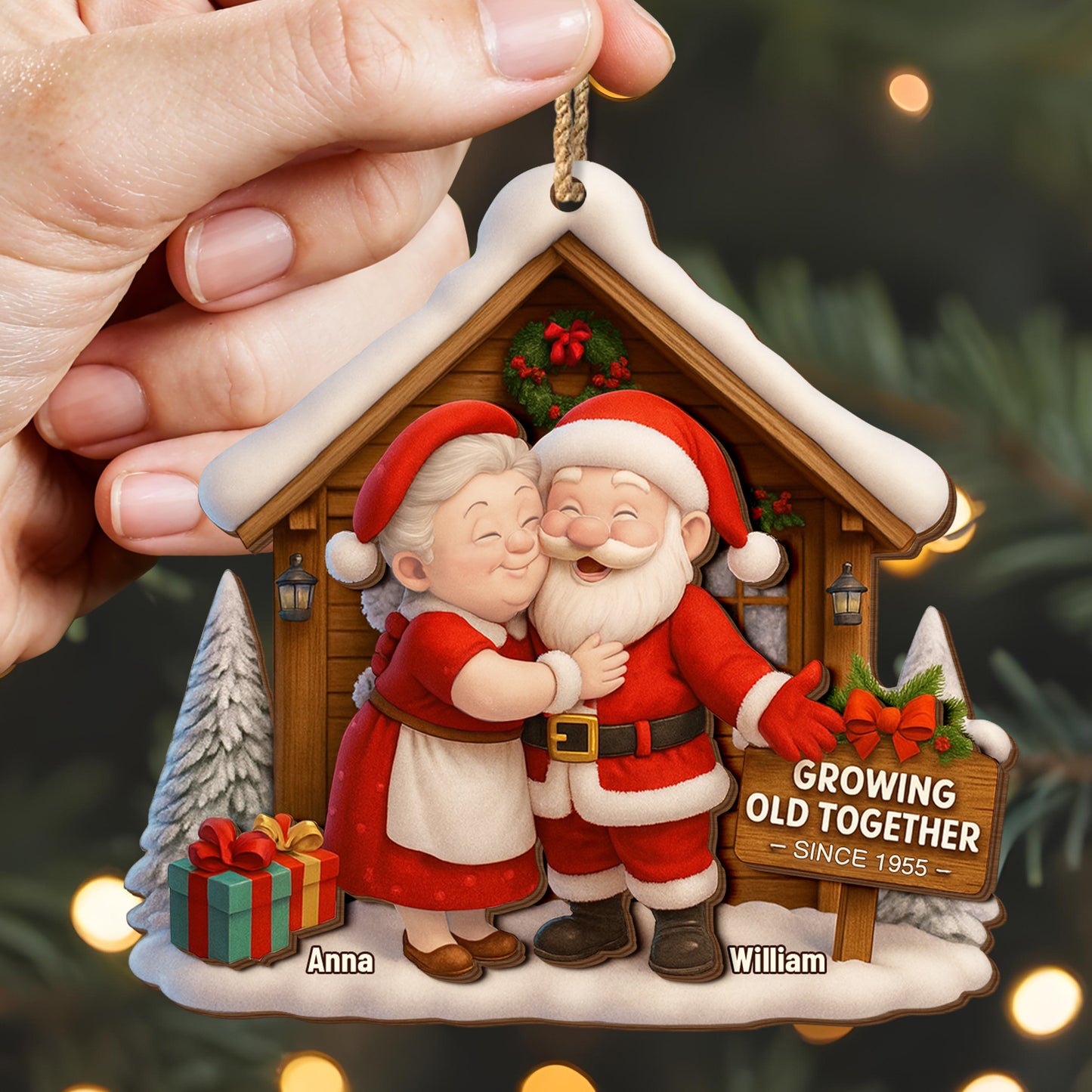 Growing Old Together, Santa Claus And Christmas Tree - Personalized Double Layer Wood Ornament - CPL563_DWO