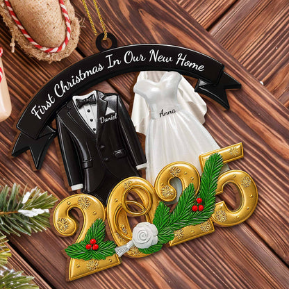 First Christmas In Our New Home With Wedding Attire And Pine Decoration