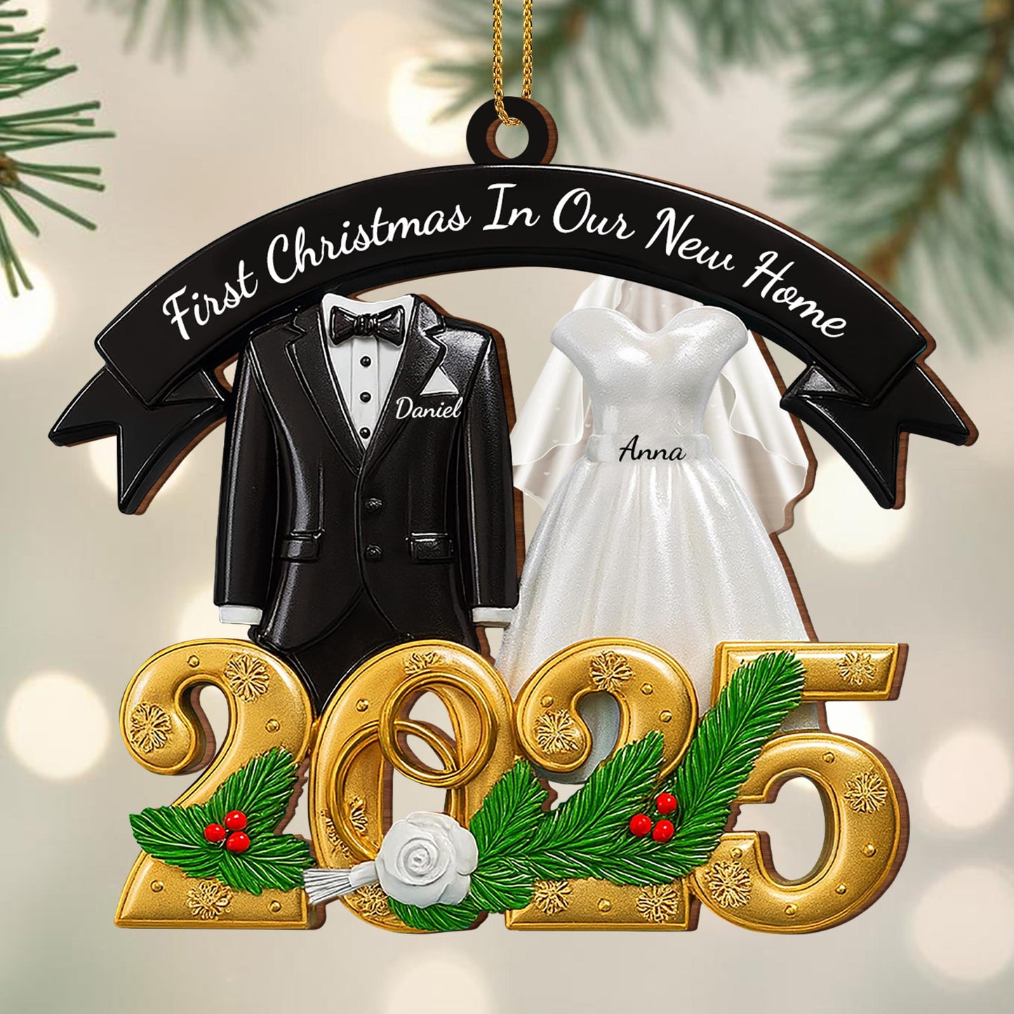 First Christmas In Our New Home With Wedding Attire And Pine Decoration