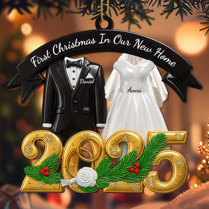 First Christmas In Our New Home With Wedding Attire And Pine Decoration