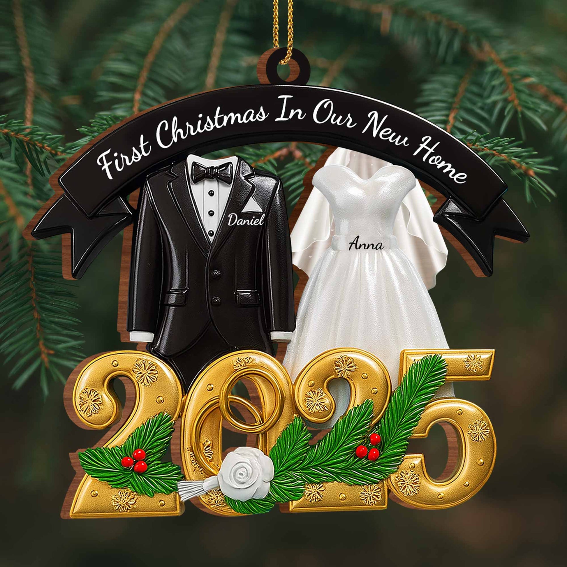 First Christmas In Our New Home With Wedding Attire And Pine Decoration