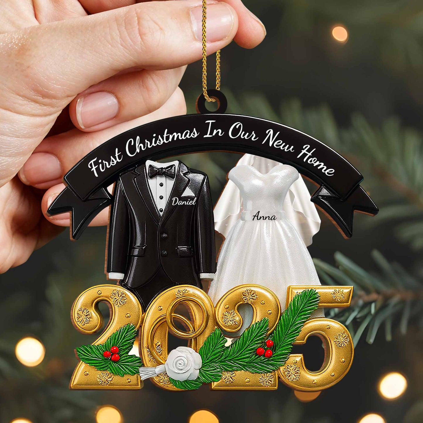 First Christmas In Our New Home With Wedding Attire And Pine Decoration