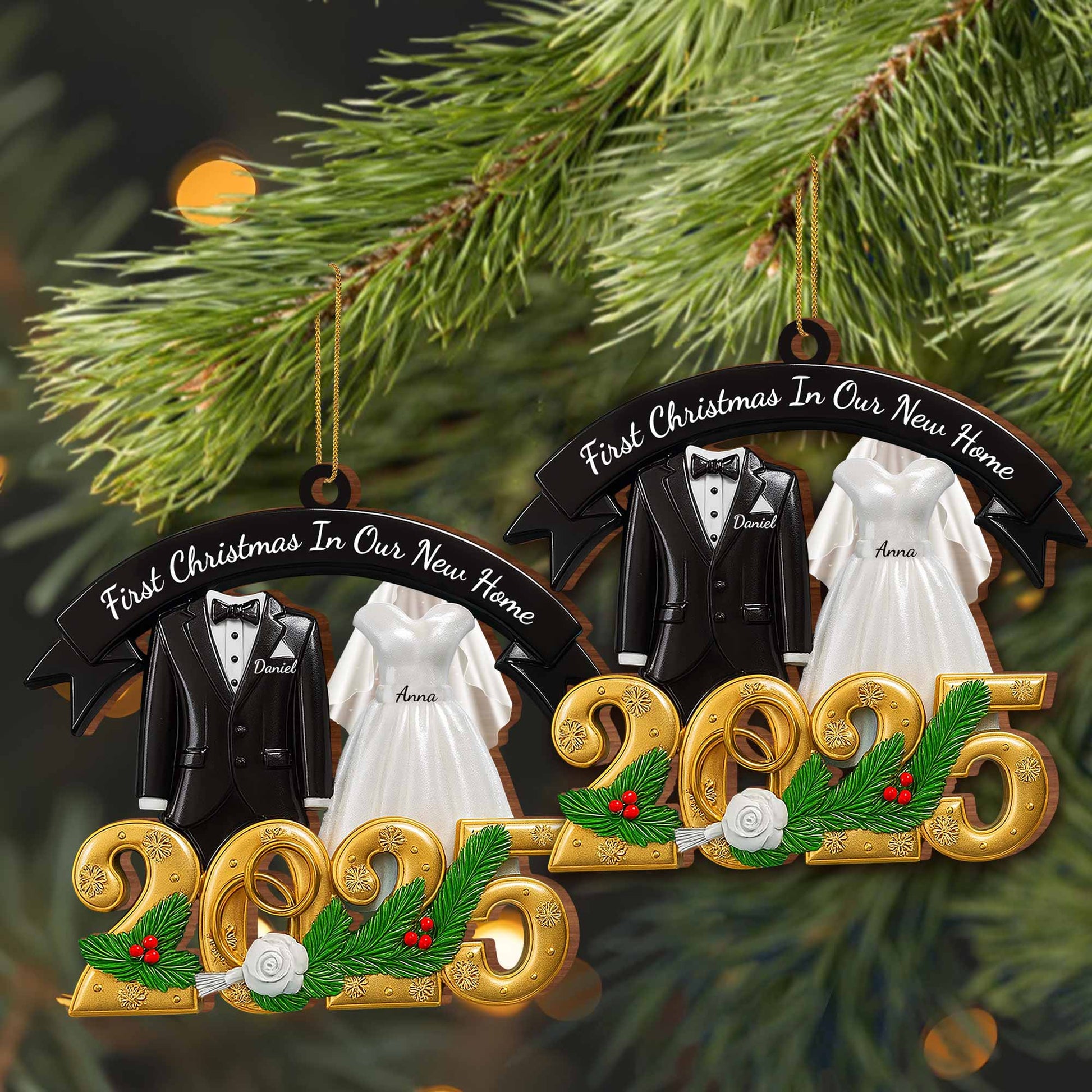 First Christmas In Our New Home With Wedding Attire And Pine Decoration