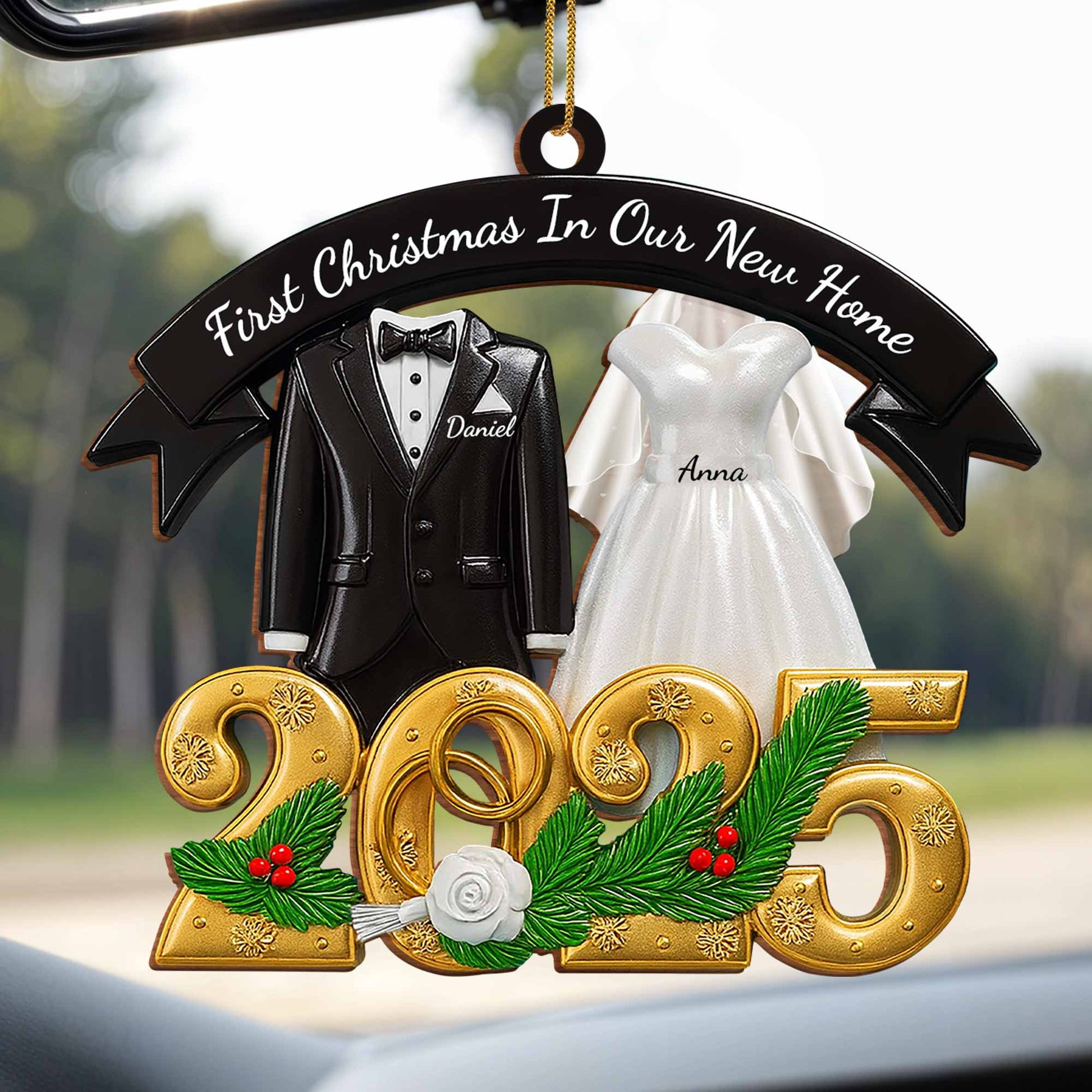 First Christmas In Our New Home With Wedding Attire And Pine Decoration