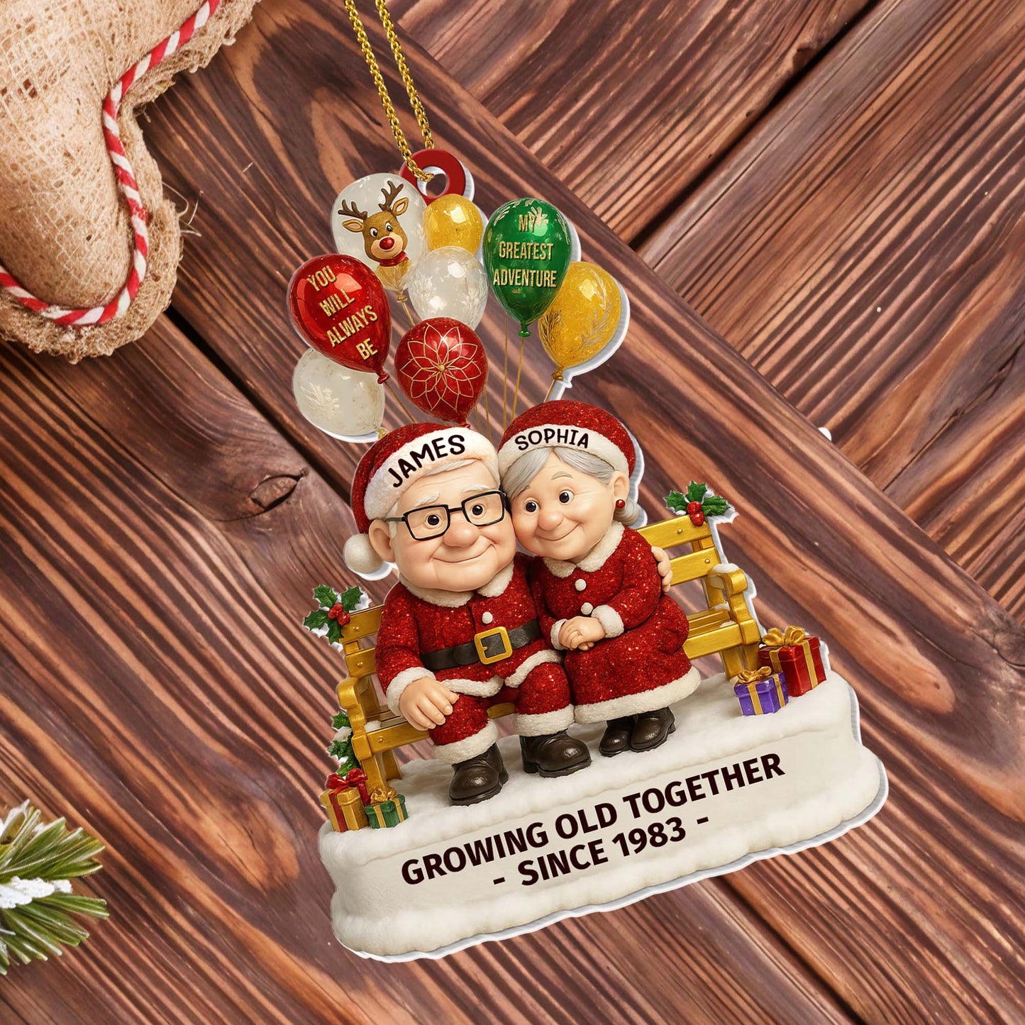 Growing Old Together, Elderly Couple With Festive Balloons - Personalized Custom Acrylic Ornament, Christmas Gift - CPL594_ACO