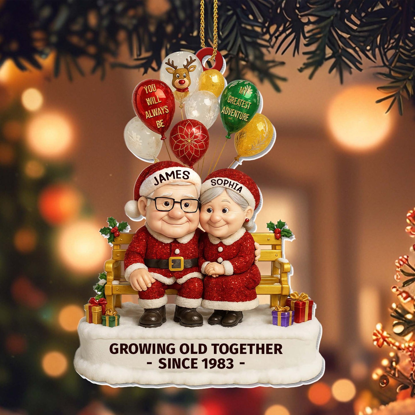 Growing Old Together, Elderly Couple With Festive Balloons - Personalized Custom Acrylic Ornament, Christmas Gift - CPL594_ACO