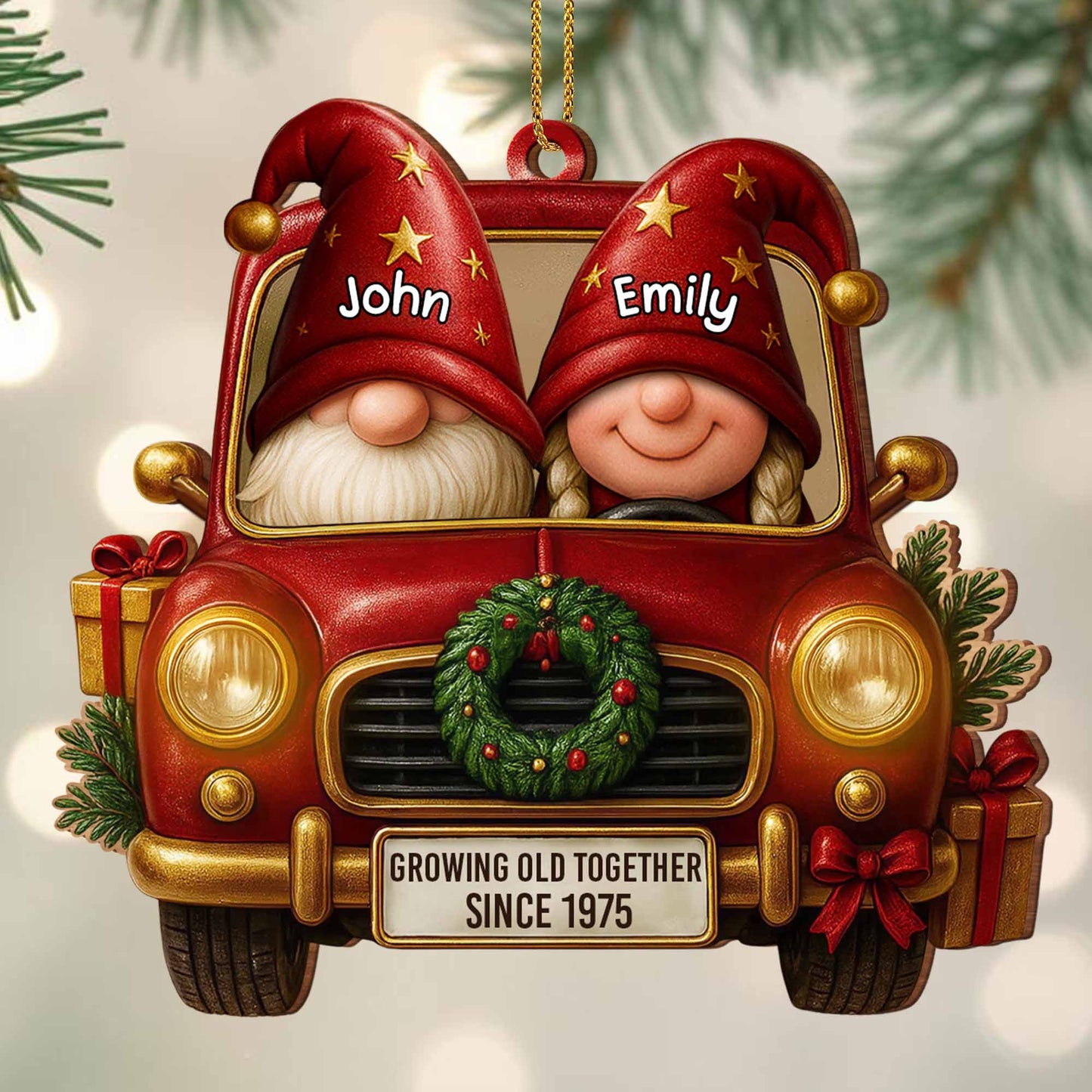 Growing Old Together, Christmas Wreath and Red Truck Ornament - Personalized Custom Wood Ornament, Custom Shaped - CPL604_WDO