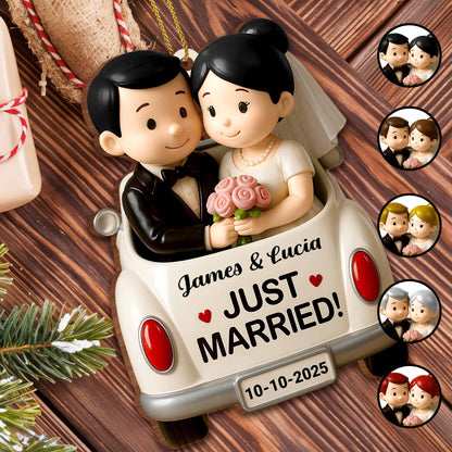 Just Married, Bride And Groom In Wedding Car - Personalized Custom Wood Ornament, Custom Shaped - CPL620_WDO