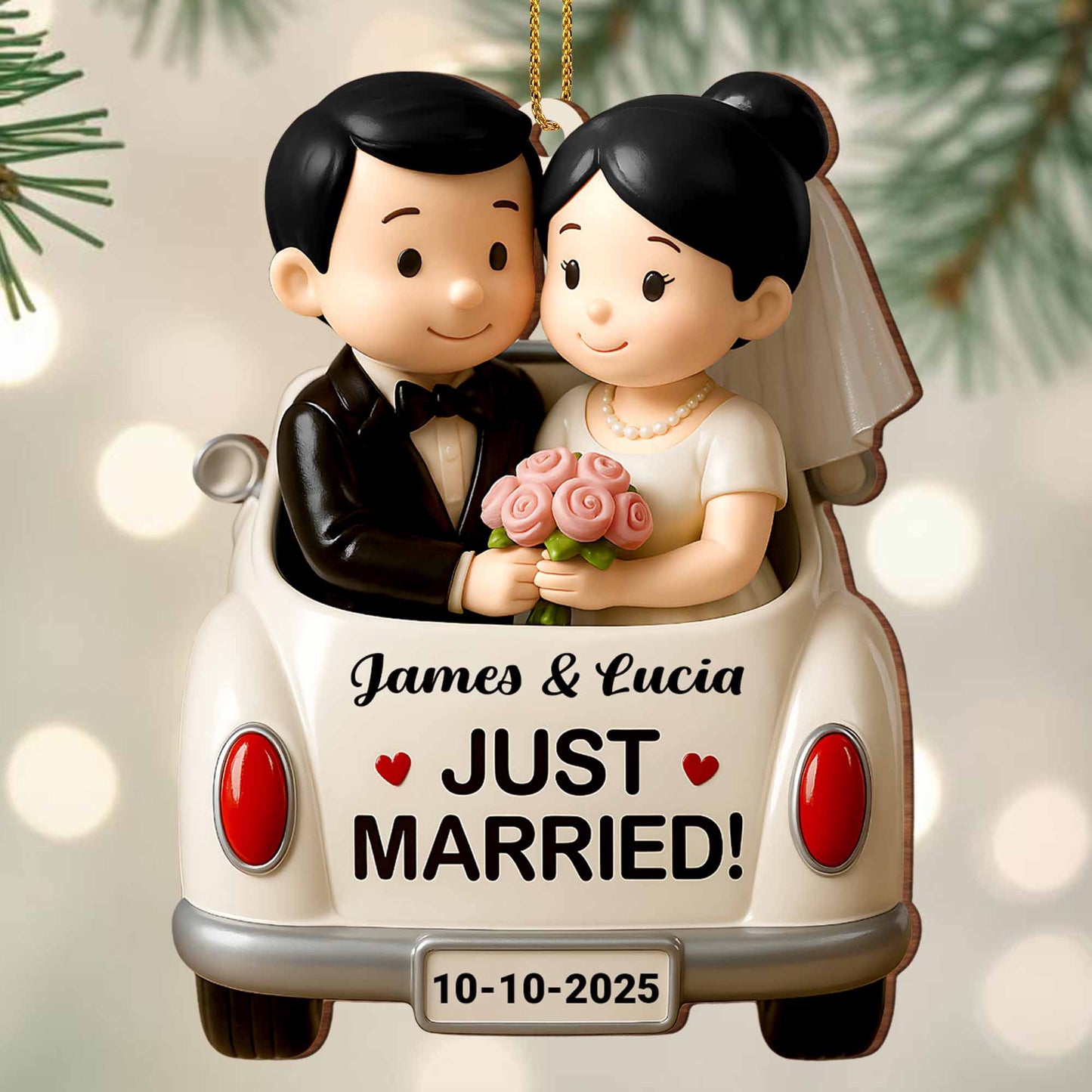 Just Married, Bride And Groom In Wedding Car - Personalized Custom Wood Ornament, Custom Shaped - CPL620_WDO