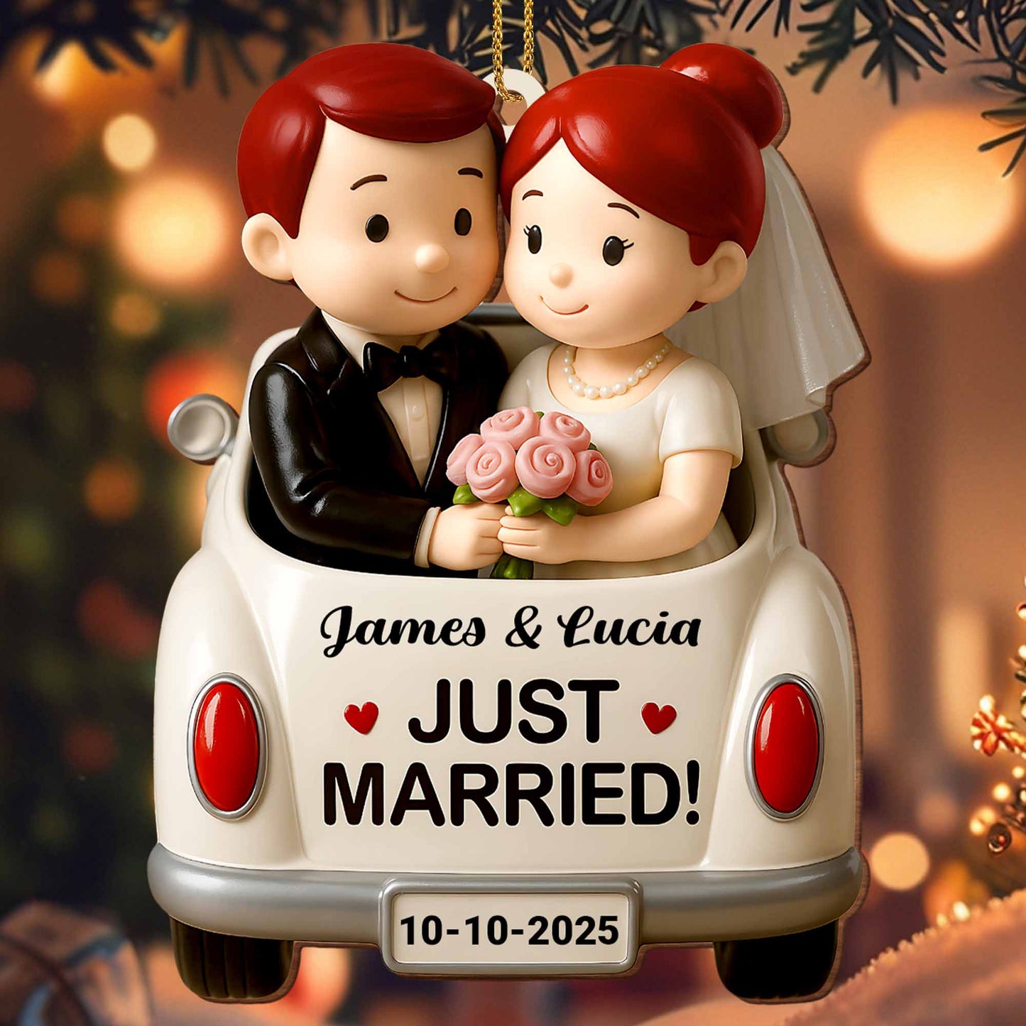 Just Married, Bride And Groom In Wedding Car - Personalized Custom Wood Ornament, Custom Shaped - CPL620_WDO