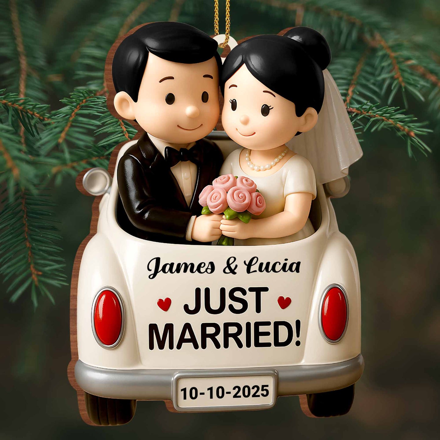 Just Married, Bride And Groom In Wedding Car - Personalized Custom Wood Ornament, Custom Shaped - CPL620_WDO