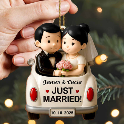 Just Married, Bride And Groom In Wedding Car - Personalized Custom Wood Ornament, Custom Shaped - CPL620_WDO