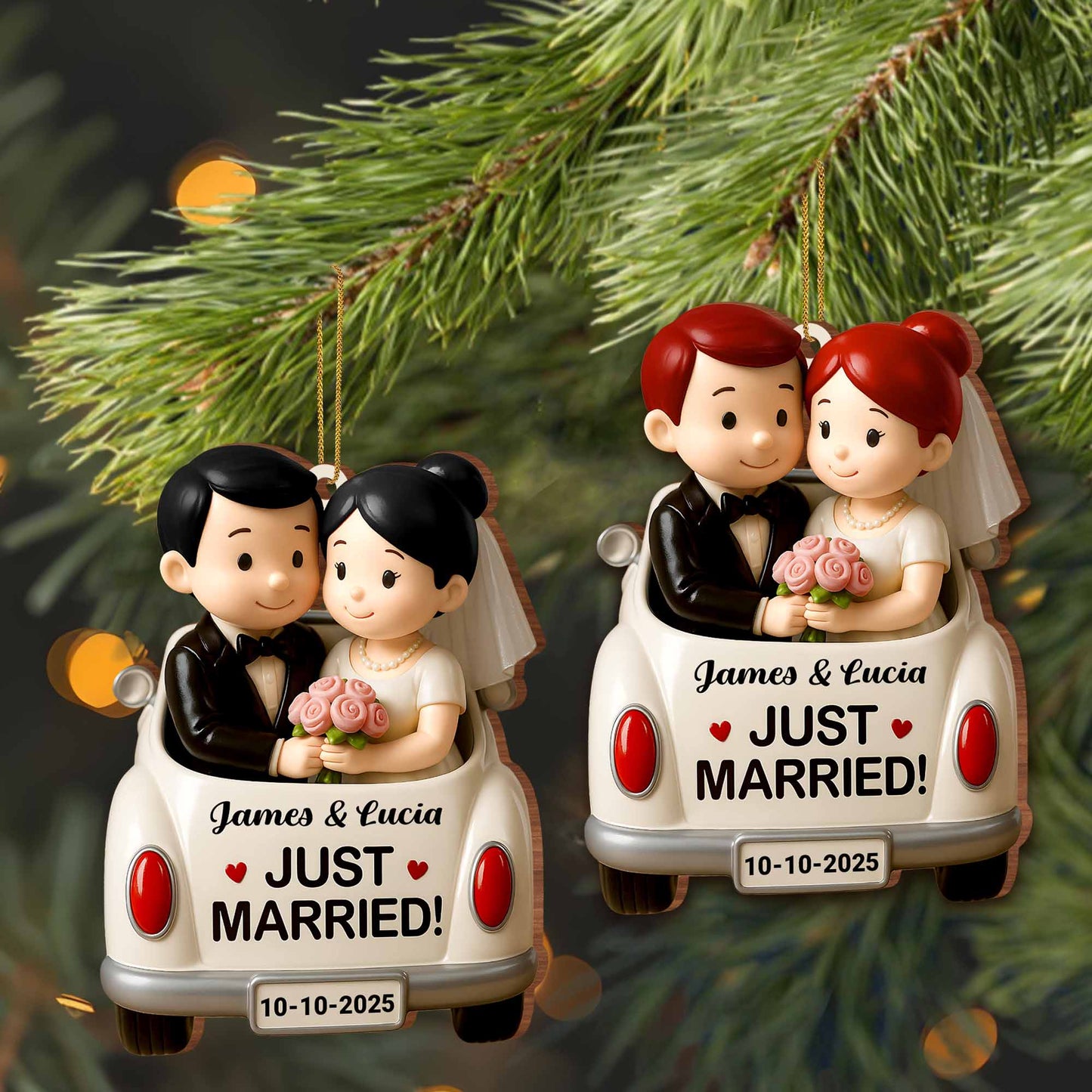 Just Married, Bride And Groom In Wedding Car - Personalized Custom Wood Ornament, Custom Shaped - CPL620_WDO