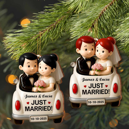 Just Married, Bride And Groom In Wedding Car - Personalized Custom Wood Ornament, Custom Shaped - CPL620_WDO