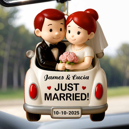 Just Married, Bride And Groom In Wedding Car - Personalized Custom Wood Ornament, Custom Shaped - CPL620_WDO