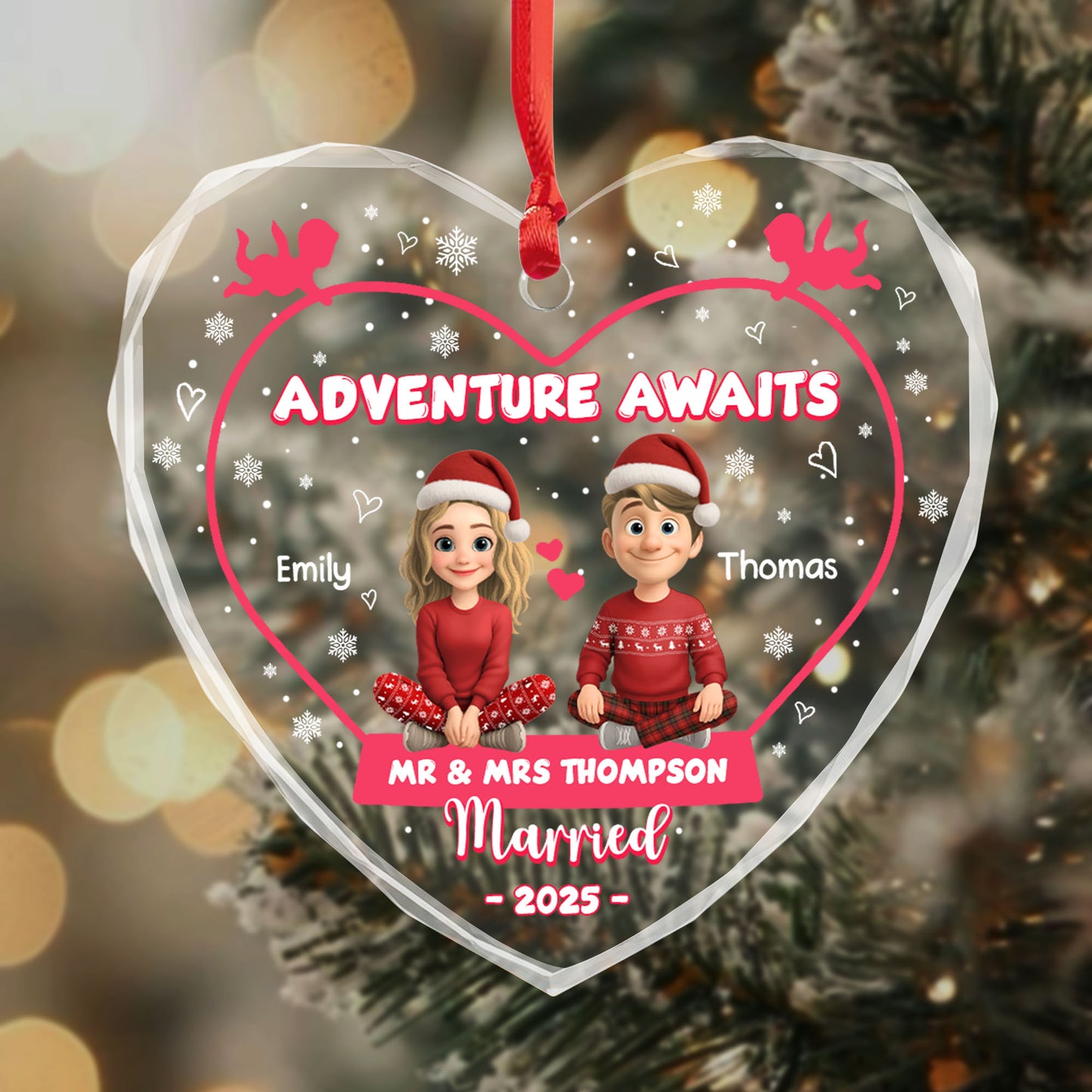 Adventure Awaits, Reindeer and Snowflakes Design - Personalized Heart Glass Ornament - CPL622_HEGOR