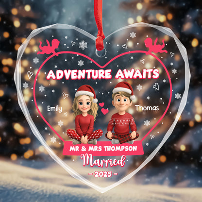 Adventure Awaits, Reindeer and Snowflakes Design - Personalized Heart Glass Ornament - CPL622_HEGOR