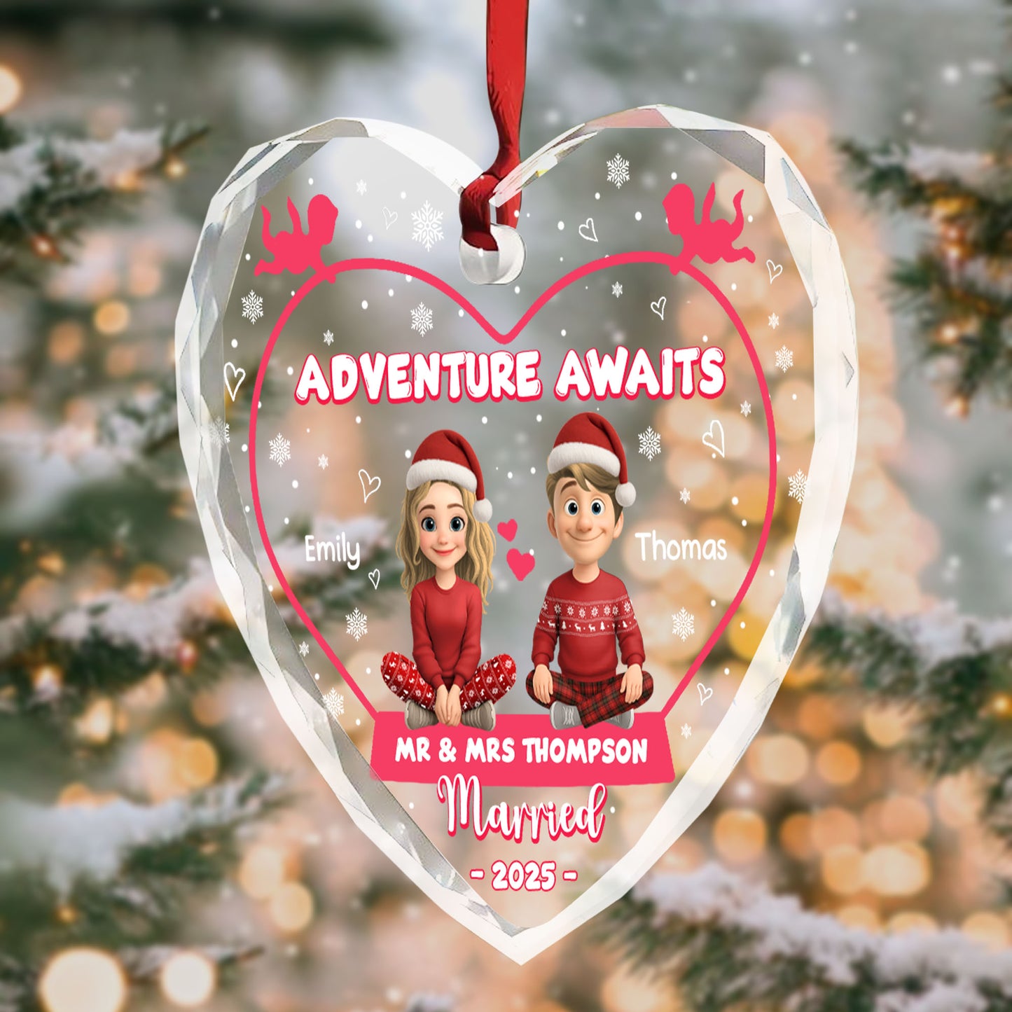 Adventure Awaits, Reindeer and Snowflakes Design - Personalized Heart Glass Ornament - CPL622_HEGOR