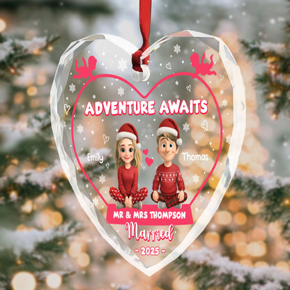Adventure Awaits, Reindeer and Snowflakes Design - Personalized Heart Glass Ornament - CPL622_HEGOR