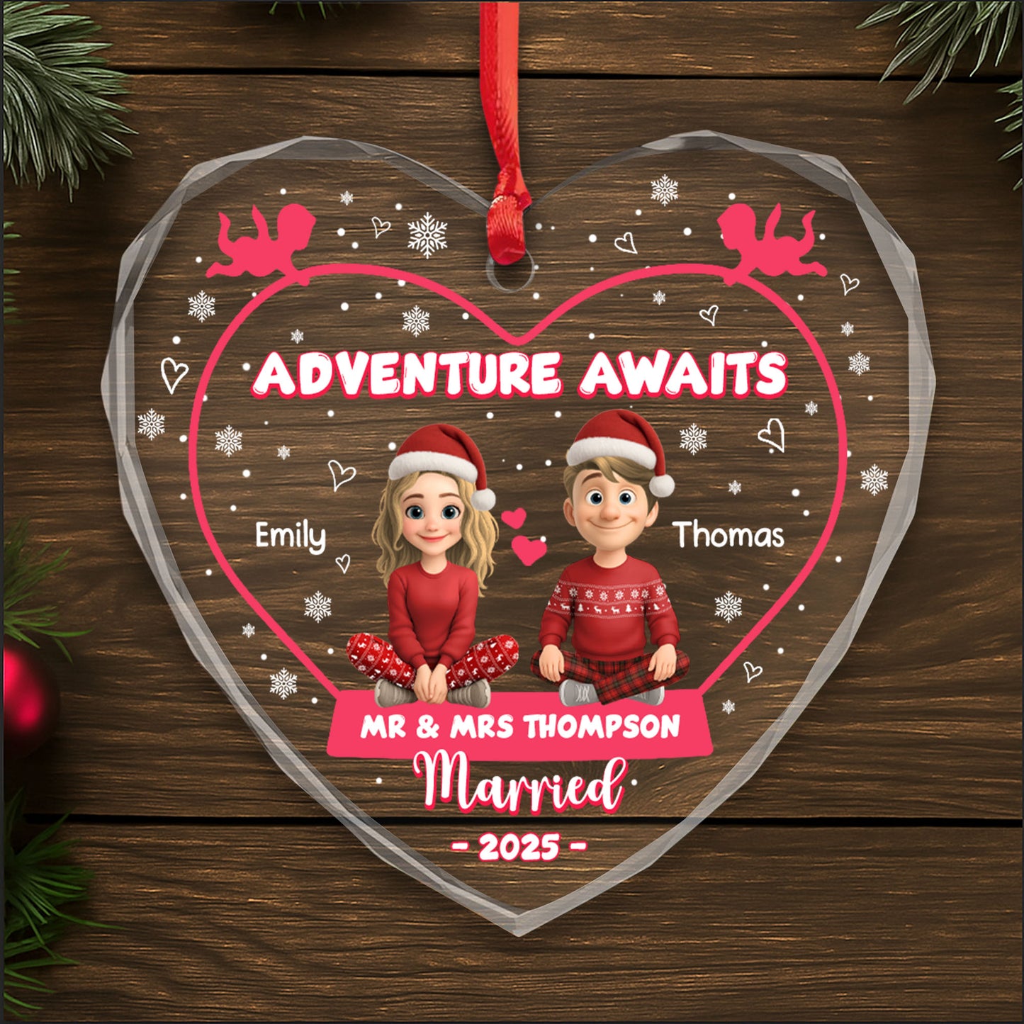 Adventure Awaits, Reindeer and Snowflakes Design - Personalized Heart Glass Ornament - CPL622_HEGOR
