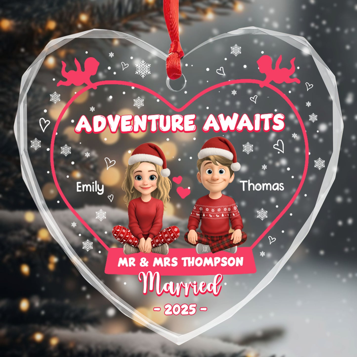 Adventure Awaits, Reindeer and Snowflakes Design - Personalized Heart Glass Ornament - CPL622_HEGOR